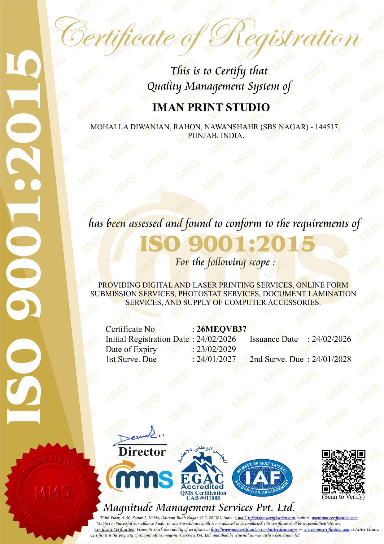 ISO 9001:2015 Certificate of Registration for Iman Print Studio